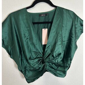 Micas Women’s Forest Green Cropped Cinched Center Satin Shirt Size Medium